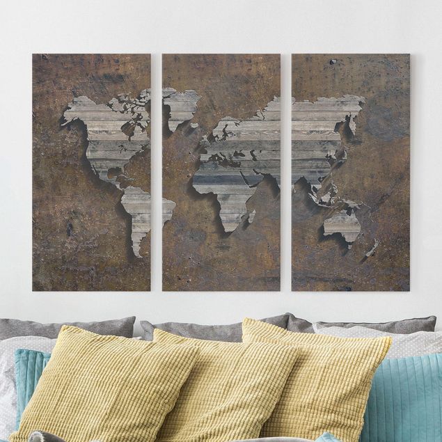 Mappamondo su tela Mappa del mondo con griglia di legno