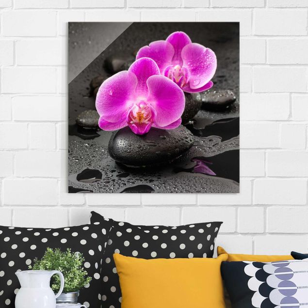 Lavagna magnetica vetro Fiore di orchidea rosa su pietra con gocce