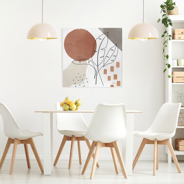 Quadri moderni per soggiorno Line Art - Palme con banane e colori terracotta