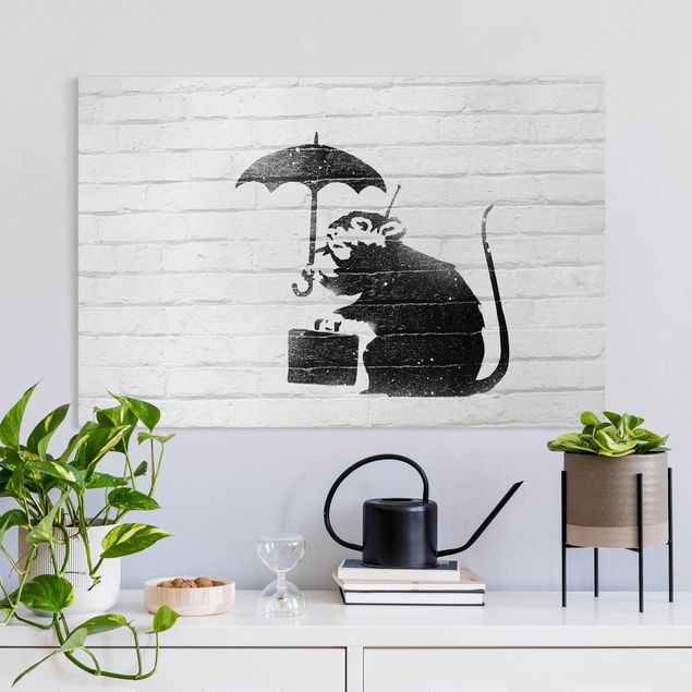 Stampe su tela bianco e nero Banksy - Ratto con ombrello