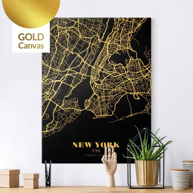 Stampe su tela oro Mappa di New York - Nero classico