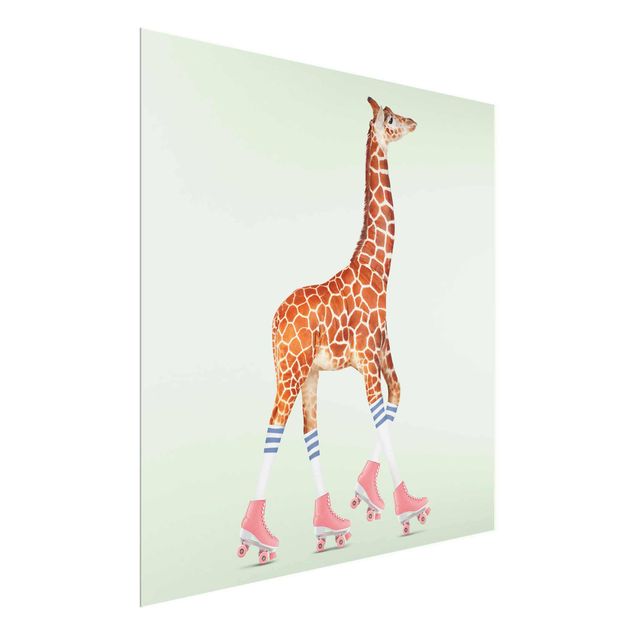 Quadro in vetro - Giraffa con Pattini a rotelle - Quadrato 1:1