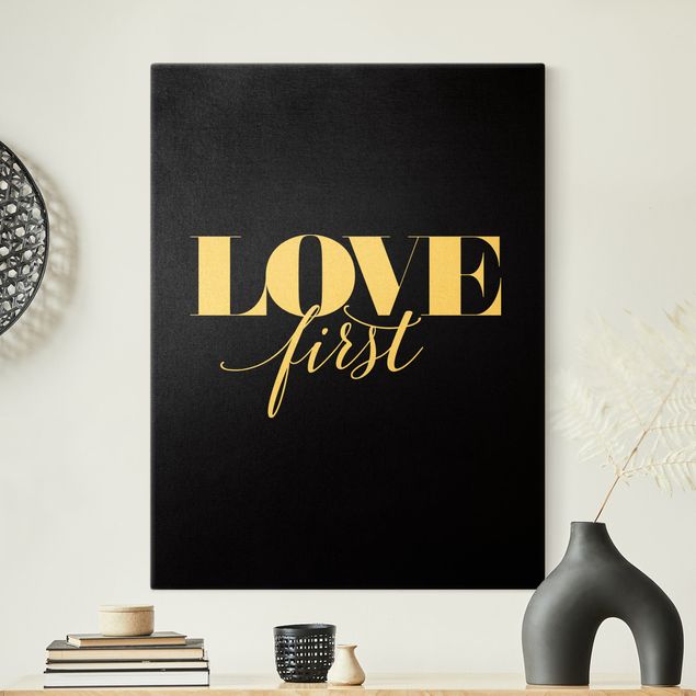 Quadro su tela oro - Love first in nero