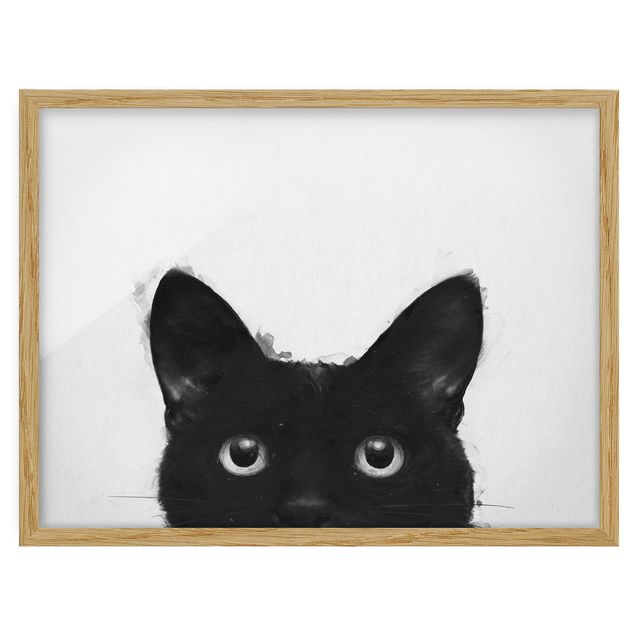 Poster con cornice - Illustrazione pittura Gatto nero su bianco - Orizzontale 3:4