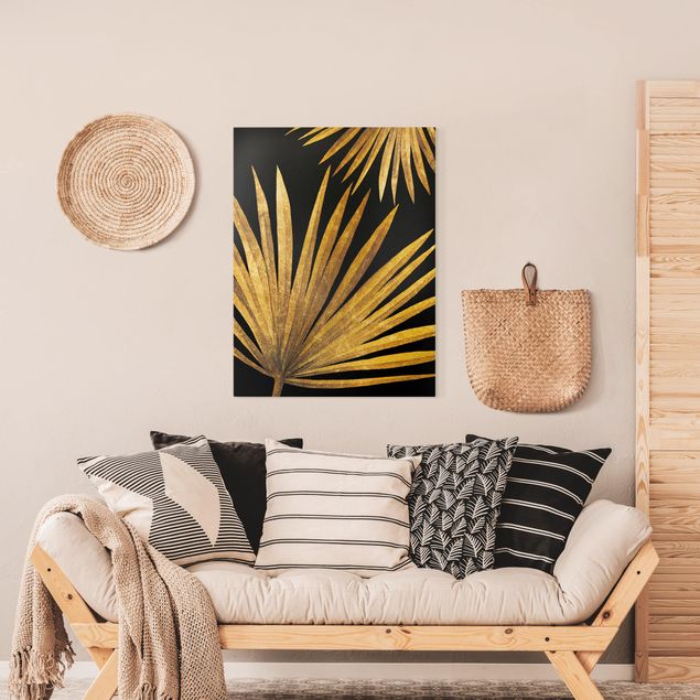 Quadri moderni per soggiorno Oro - Foglia di palma su nero