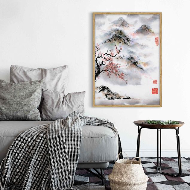 Poster con cornice - Giapponese disegno ad acquerello Ciliegio E Montagne - Verticale 4:3