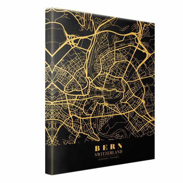 Quadro su tela oro - Pianta della città Berna - Classico nero