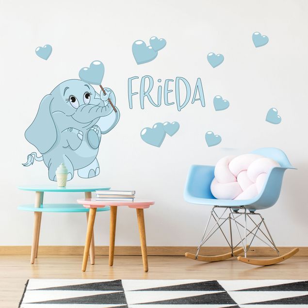 Adesivo murale - Elefante del bambino blu con molti cuori