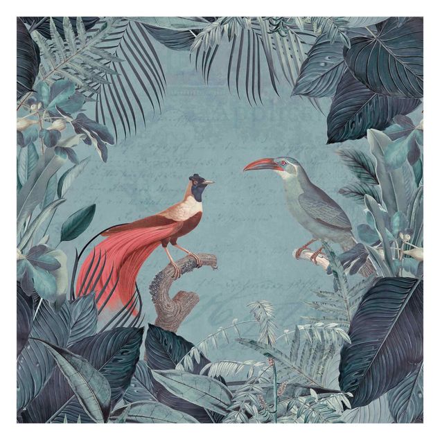 Carta da parati - Paradiso grigio e blu con uccelli tropicali
