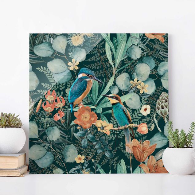 quadri con animali Paradiso floreale Martin pescatore e colibrì
