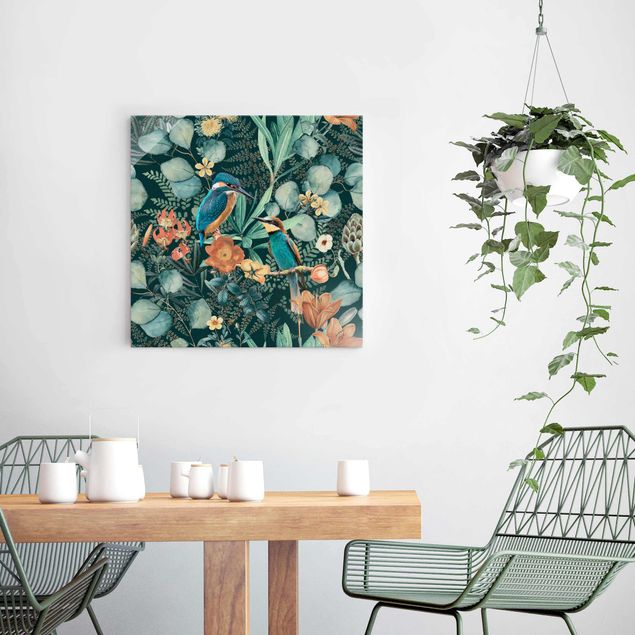 Quadro in vetro - Paradiso floreale con colibrì e martin pescatore