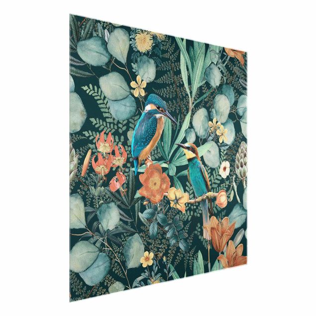 Quadro in vetro - Paradiso floreale con colibrì e martin pescatore