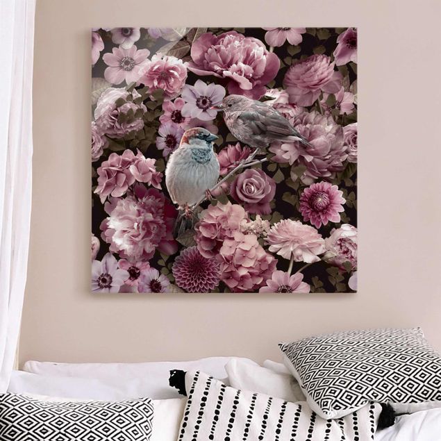 quadri con animali Paradiso floreale Passero in rosa antico