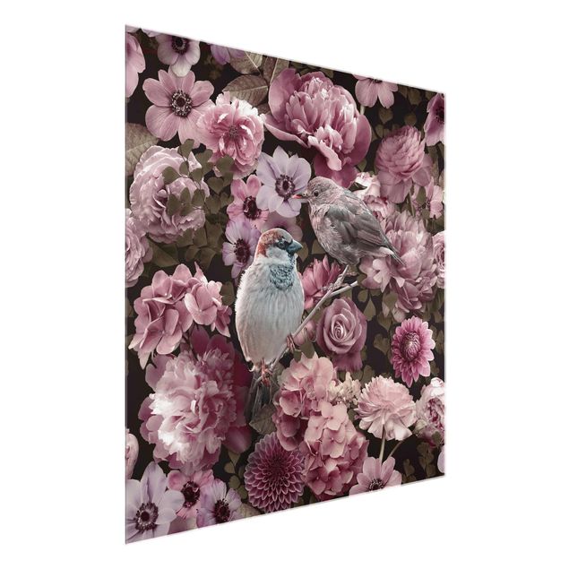Quadro in vetro - Paradiso floreale con passerotti in rosa antico