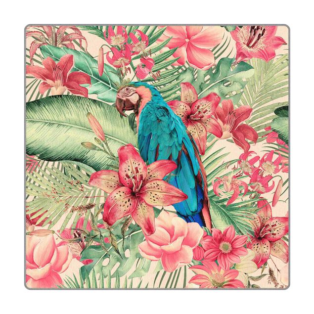 Tappeti a tessitura piatta Paradiso floreale con pappagallo tropicale