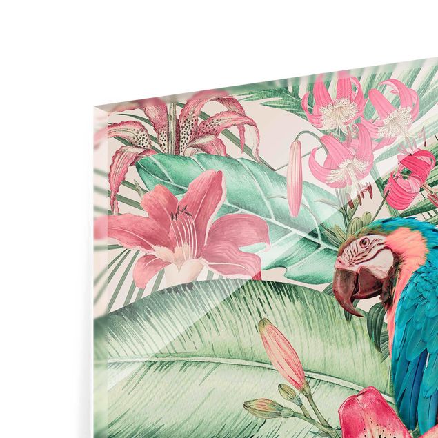 Quadro in vetro - Paradiso floreale con pappagallo tropicale