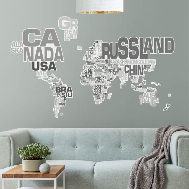 Adesivo murale - Lettere Mappa del mondo grigio