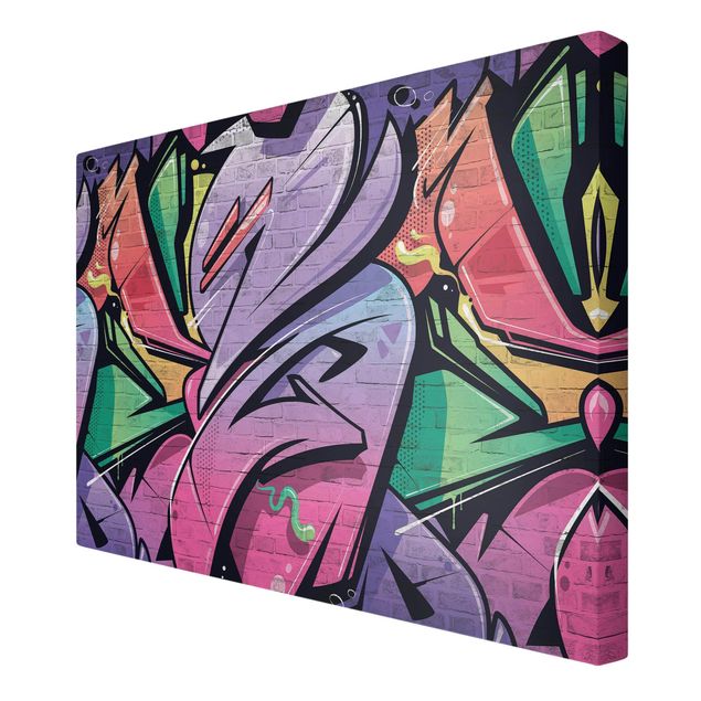Stampa su tela - Muro di mattoni con graffiti colorati