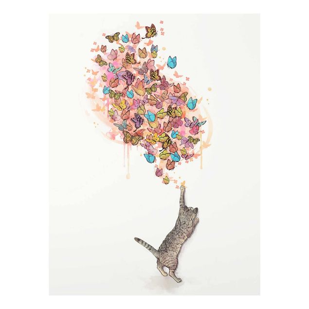 Quadro in vetro - Illustrazione del gatto con farfalle colorate Pittura - Verticale 4:3