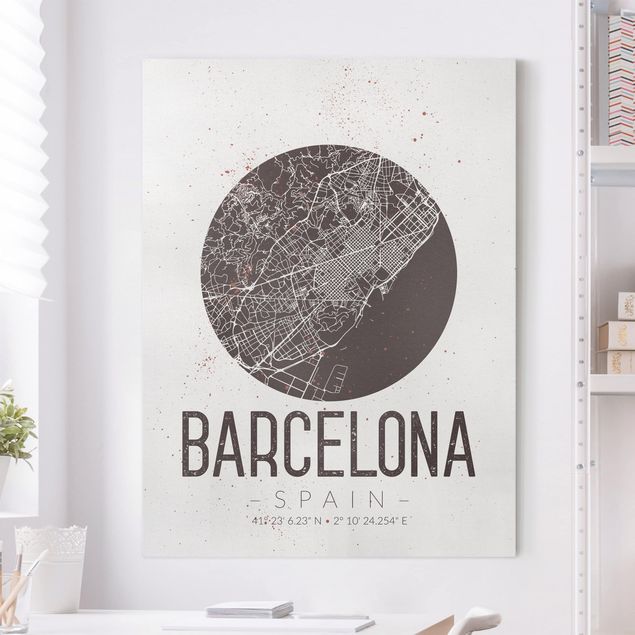 Stampa su tela bianco e nero Mappa della città di Barcellona - Retrò