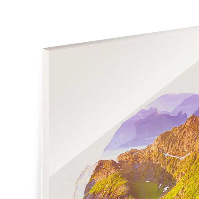 Quadro in vetro - Acquarelli - Montagna Paesaggio con acqua Riflessione In Norvegia - Verticale 4:3