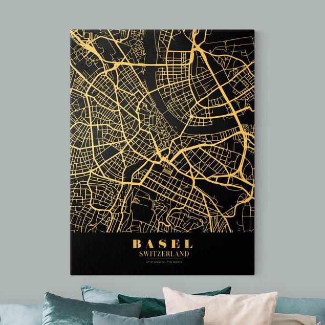 Quadri moderni per soggiorno Mappa della città di Basilea - Nero classico