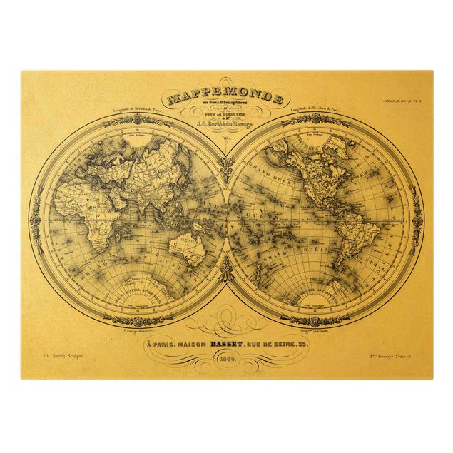 Quadro su tela oro - Mappamondo - Carta francese degli emisferi del 1848