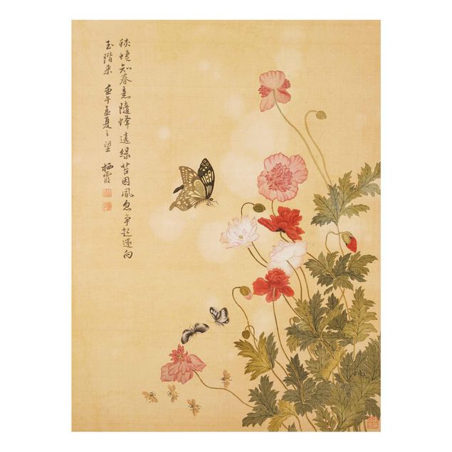 Quadro in vetro - Yuanyu Ma - Papaveri e farfalle - Verticale 4:3