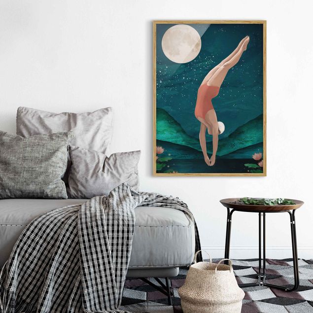 Poster con cornice - Illustrazione donna di balneazione luna Pittura - Verticale 4:3