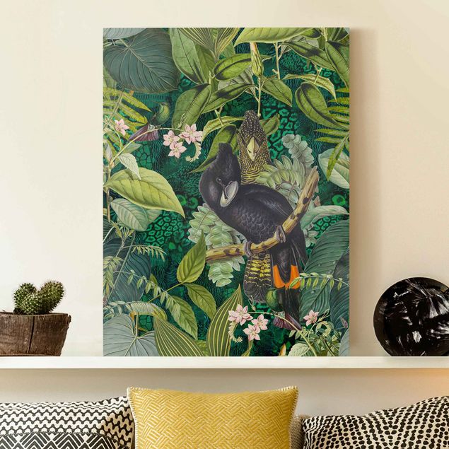 Quadri con uccelli Collage colorato - Cacatua nella giungla