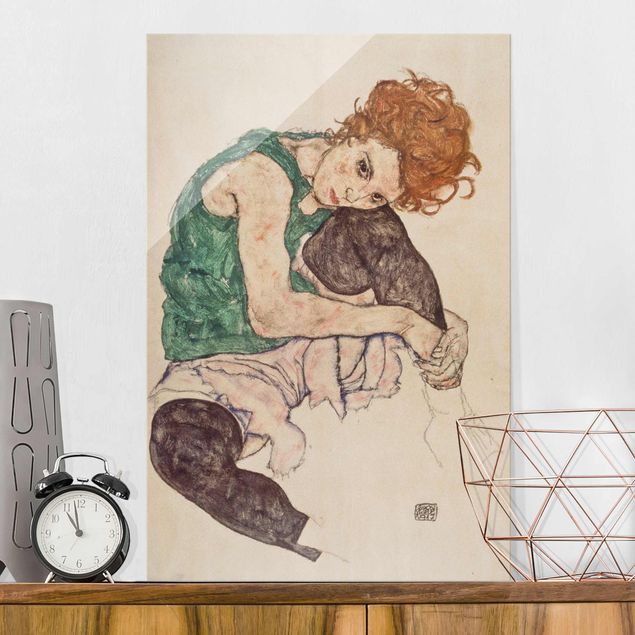 Quadro in vetro - Egon Schiele - Donna seduta con un ginocchio Up - Verticale 3:2