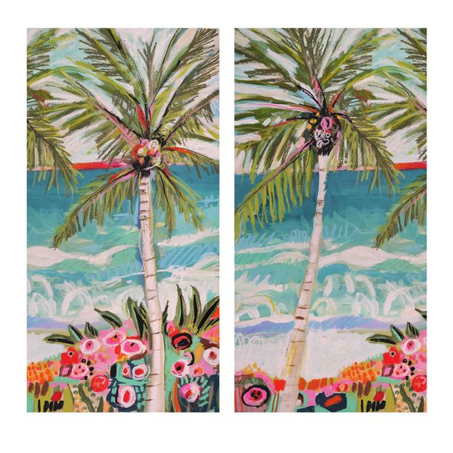 Stampa su tela - Palm Tree con fiori rosa Set I - Verticale 2:1