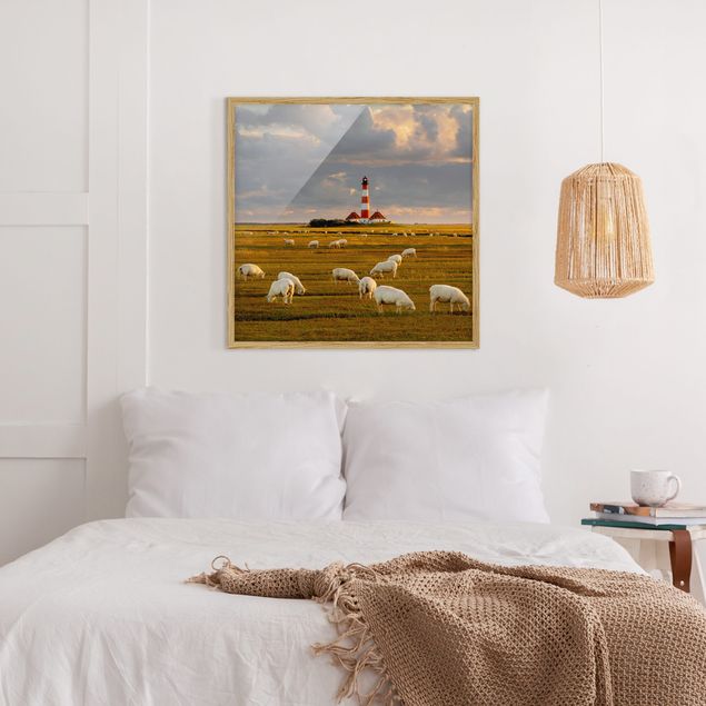 Poster con cornice - North Sea Lighthouse With Sheep Flock - Quadrato 1:1