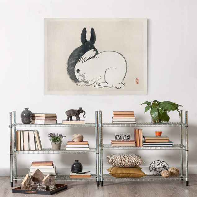 Stampa su tela bianco e nero Disegno vintage asiatico di due coniglietti