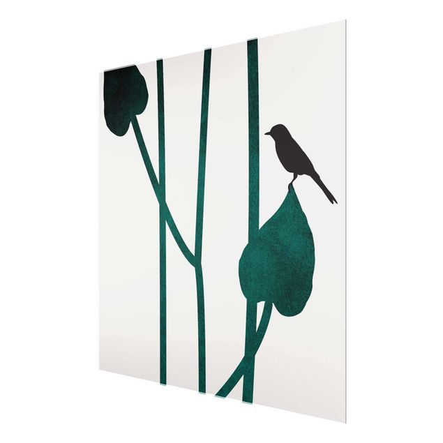 Quadro in vetro - Mondo vegetale grafico - Uccellino su una foglia - Quadrato 1:1
