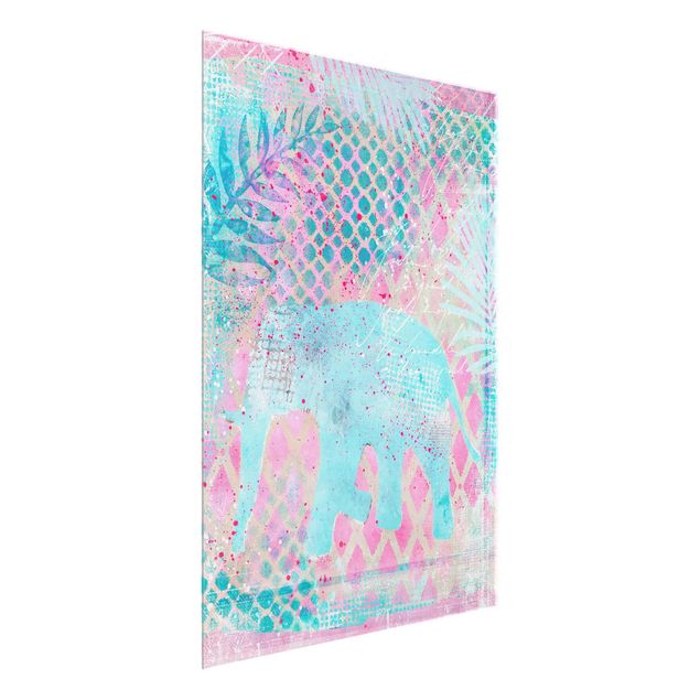 Quadro in vetro - Colorato collage - Elefante in blu e rosa - Verticale 4:3