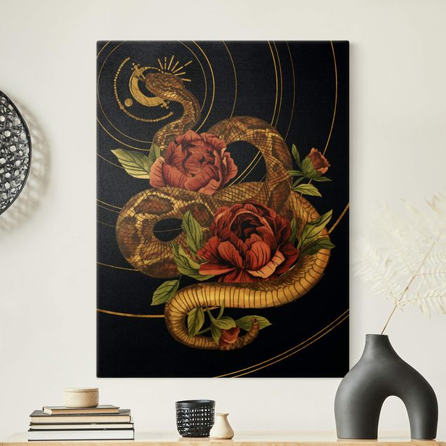 Riproduzione quadri su tela Serpente con rose nero e oro I