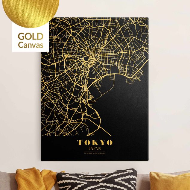 Stampa su tela oro Mappa di Tokyo - Nero classico