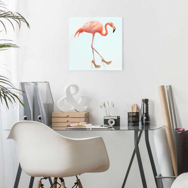 Quadro in vetro - Flamingo con tacchi alti - Quadrato 1:1