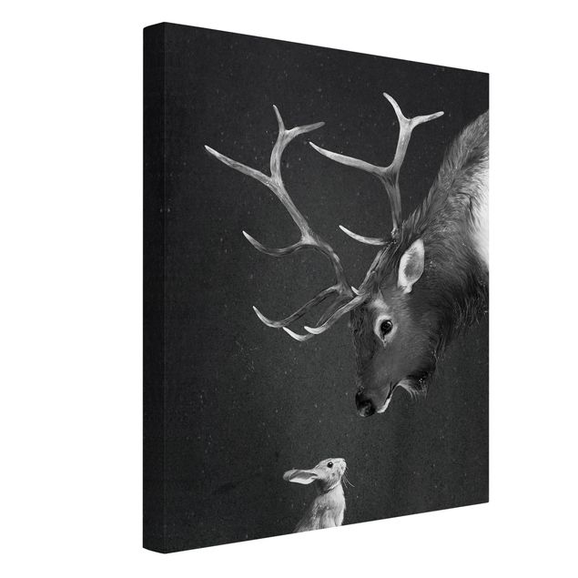 Stampa su tela bianco e nero Illustrazione - Cervo e Coniglio Disegno in bianco e nero