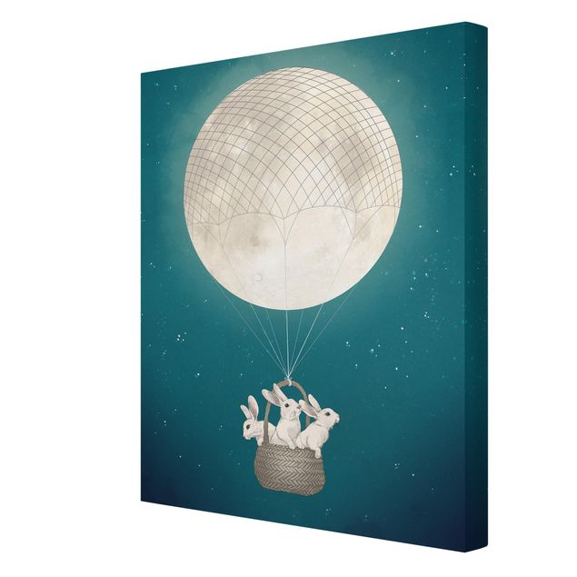 Quadri su tela Illustrazione - Conigli e luna come mongolfiera cielo stellato