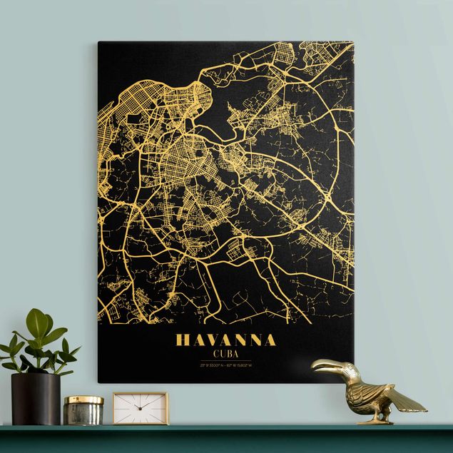 Quadri moderni per soggiorno Mappa della città di L'Avana - Nero classico
