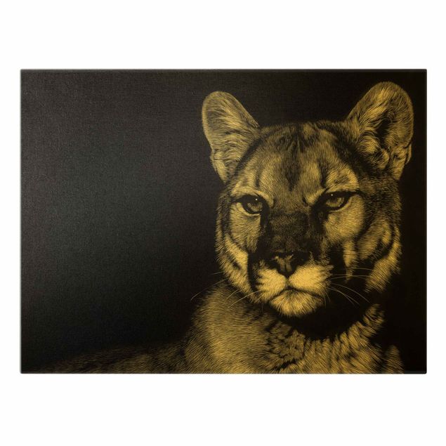 Quadro su tela oro - Puma su sfondo nero