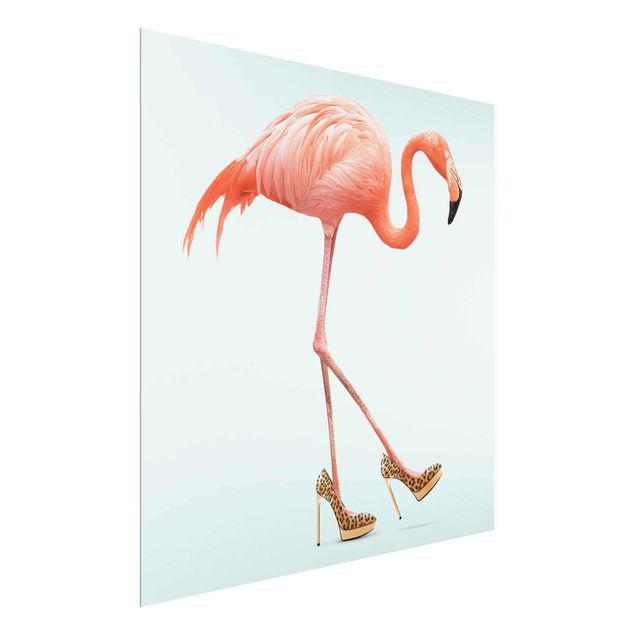 Quadro in vetro - Flamingo con tacchi alti - Quadrato 1:1