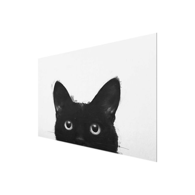 Quadro in vetro - Illustrazione pittura Gatto nero su bianco - Orizzontale 2:3