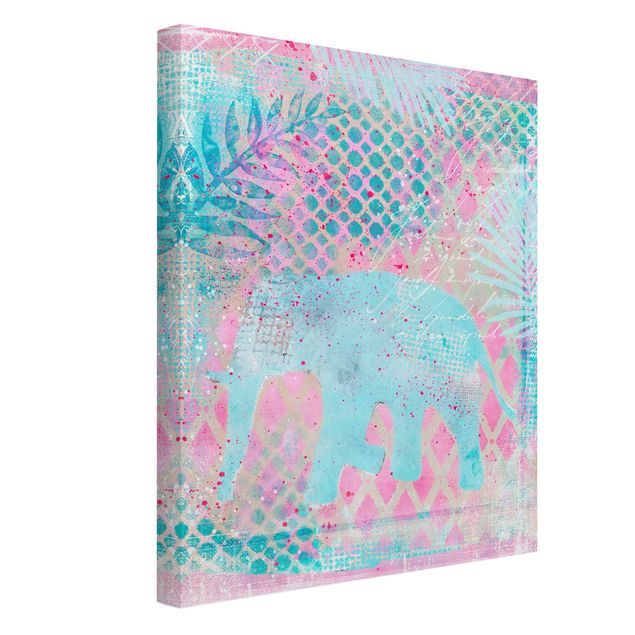 Tele con paesaggi Collage colorato - Elefante in blu e rosa