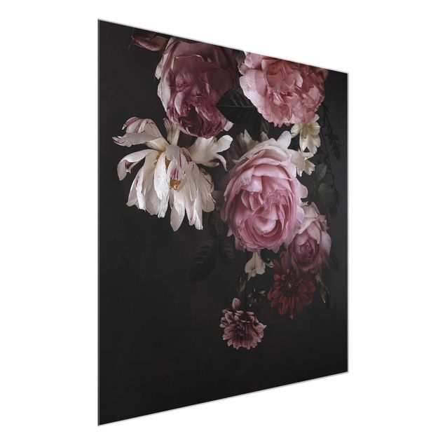 Quadro in vetro - Pink Flowers On Black - Quadrato 1:1