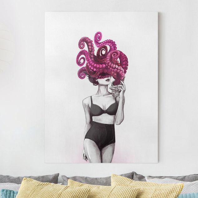 Quadri su tela - Illustrazione Donna In Biancheria intima Bianco e Nero Octopus