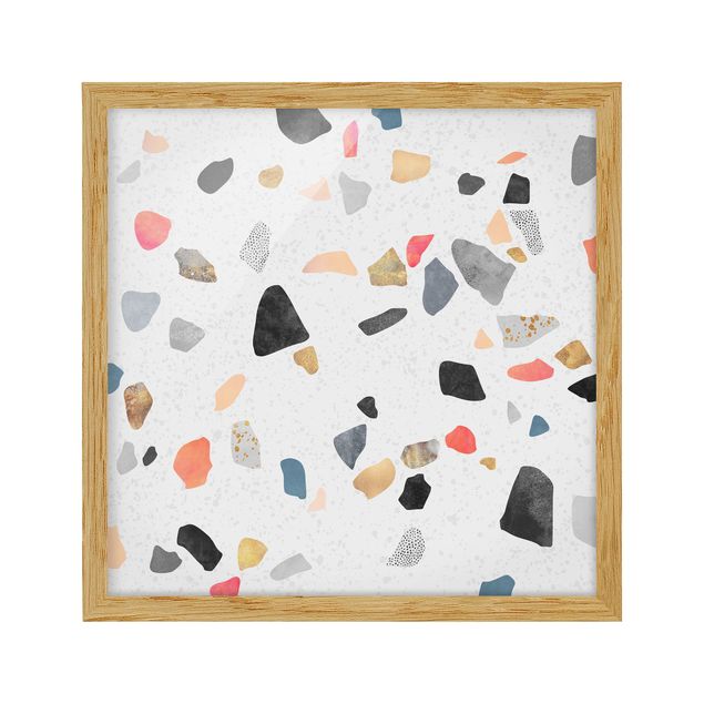 Poster con cornice - Bianco Terrazzo con pietre d'oro - Quadrato 1:1