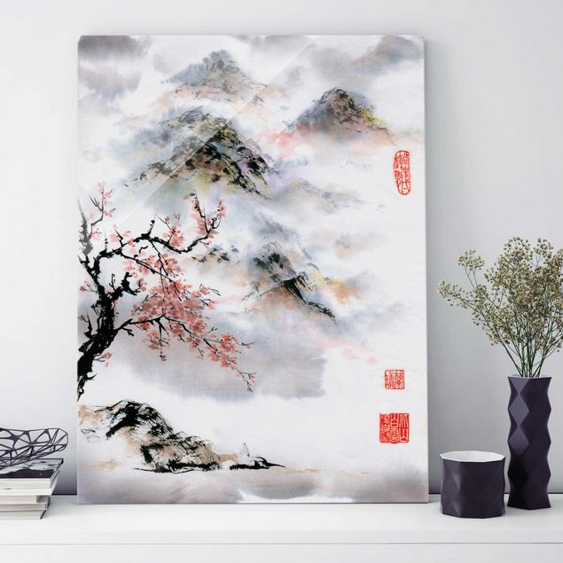 Lavagna magnetica vetro Disegno acquerello giapponese Ciliegio e montagne